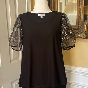 Modern Attraction Size M Black Top Short Sheer Black Organza Floral Puff Sleeves